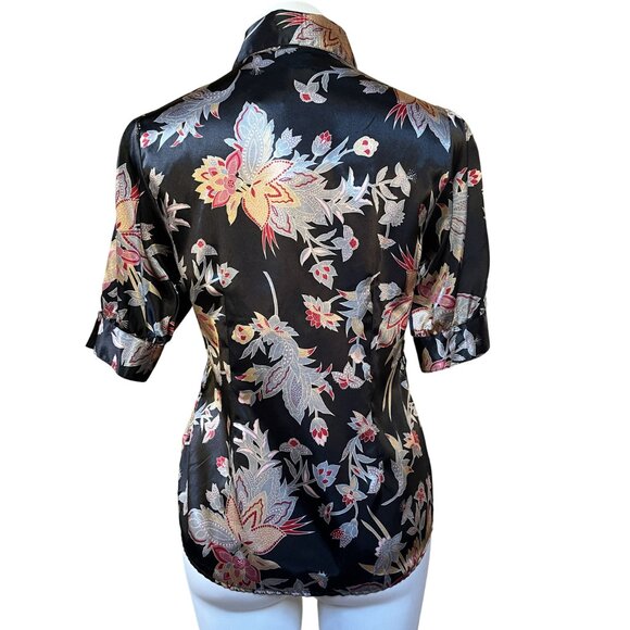 Vintage Y2K NWT 1950s-Style Satin Floral Button-Up Blouse With Tie Waist - Picture 6 of 9